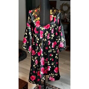 L A Intimates Vintage Lingerie Black Floral Robe Chemise Sleepwear Set Medium